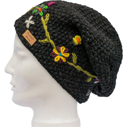 Planet wool - Long flower hat | wollen muts met vrolijke bloemen