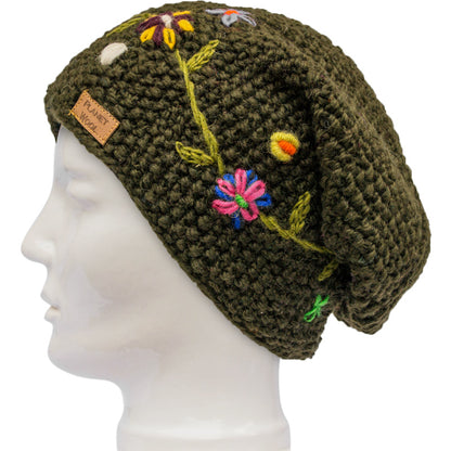 Planet wool - Long flower hat | wollen muts met vrolijke bloemen